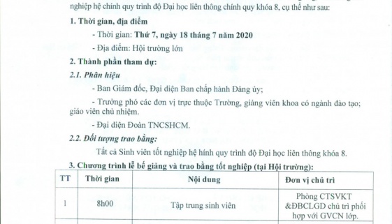 Kế hoạch về việc tổ chức lễ bế giảng, trao bằng tốt nghiệp hệ liên thông chính quy trình độ Đại học tháng 7 năm 2020